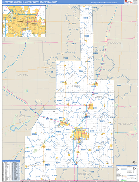 Champaign-Urbana Metro Area Wall Map Basic Style